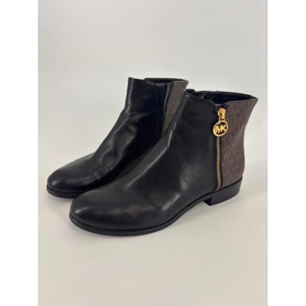 Michael Kors Britt Signature Logo Trim Ankle Boot Size 10 Gold Charm Leather